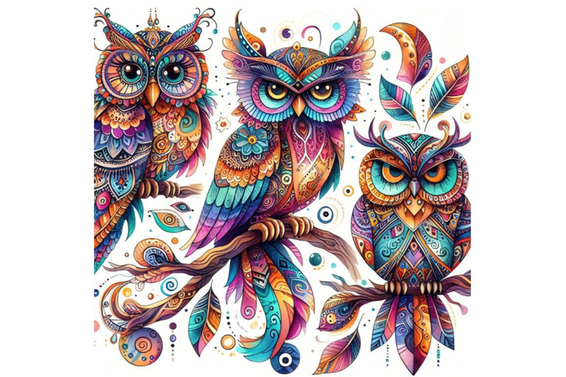 bundle-of-decorative-owls-tribal-decoration-of-wild-birds