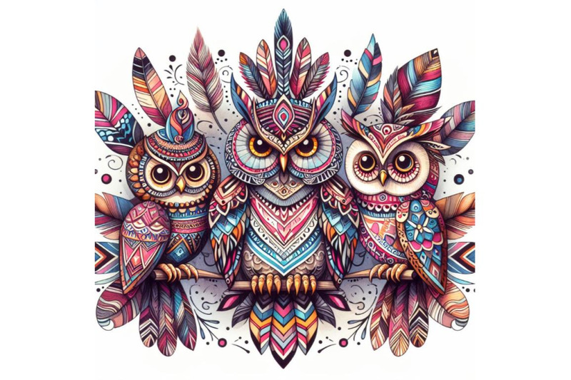 bundle-of-decorative-owls-tribal-decoration-of-wild-birds