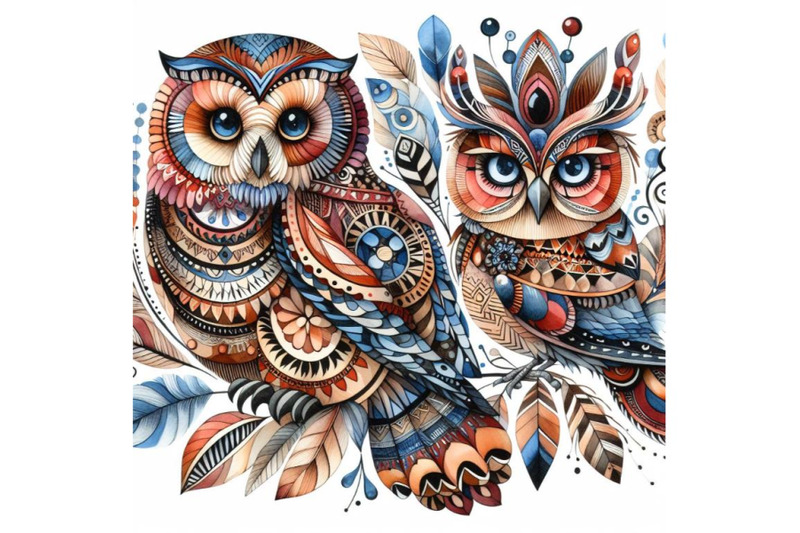 bundle-of-decorative-owls-tribal-decoration-of-wild-birds