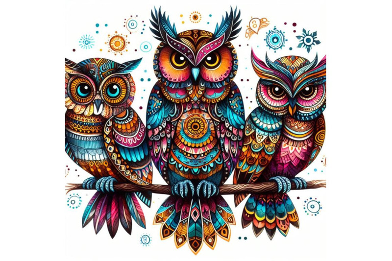 bundle-of-decorative-owls-tribal-decoration-of-wild-birds