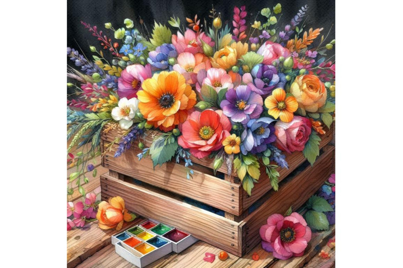 bundle-of-watercolor-flowers-wooden-box