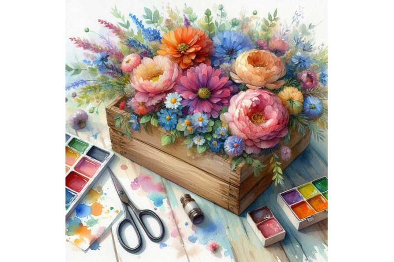 bundle-of-watercolor-flowers-wooden-box