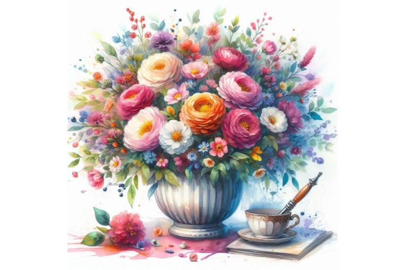 bundle-of-watercolor-bouquets-of-flowers-in-pot