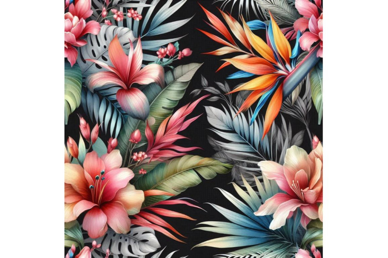 bundle-of-tropical-coral-flowers-and-leaves-on-black-and-white-backgro