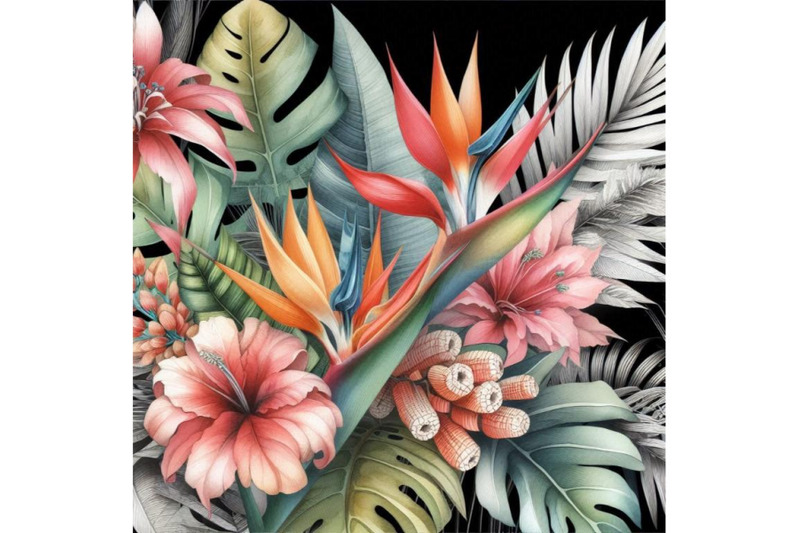 bundle-of-tropical-coral-flowers-and-leaves-on-black-and-white-backgro