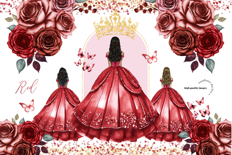 princess-red-dress-butterfly-roses-clipart-red-flowers-watercolor