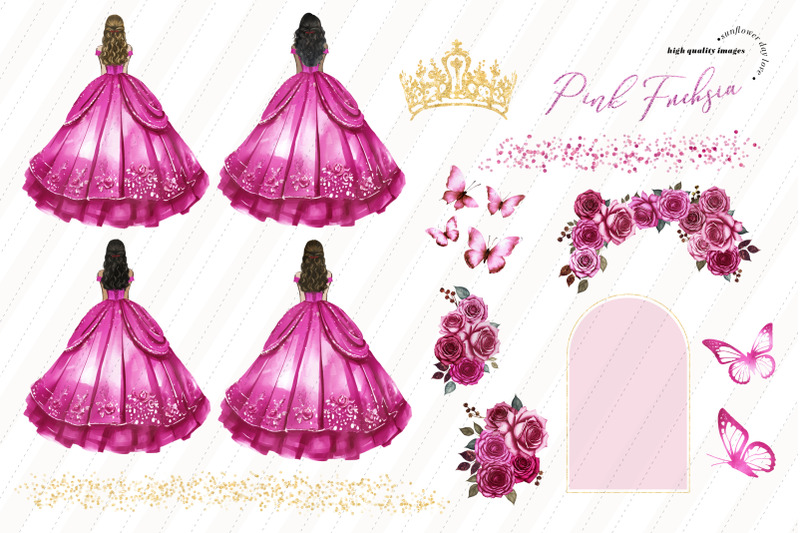 princess-pink-fuchsia-dress-butterfly-rose-floral-clipart