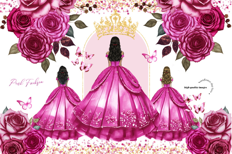 princess-pink-fuchsia-dress-butterfly-rose-floral-clipart