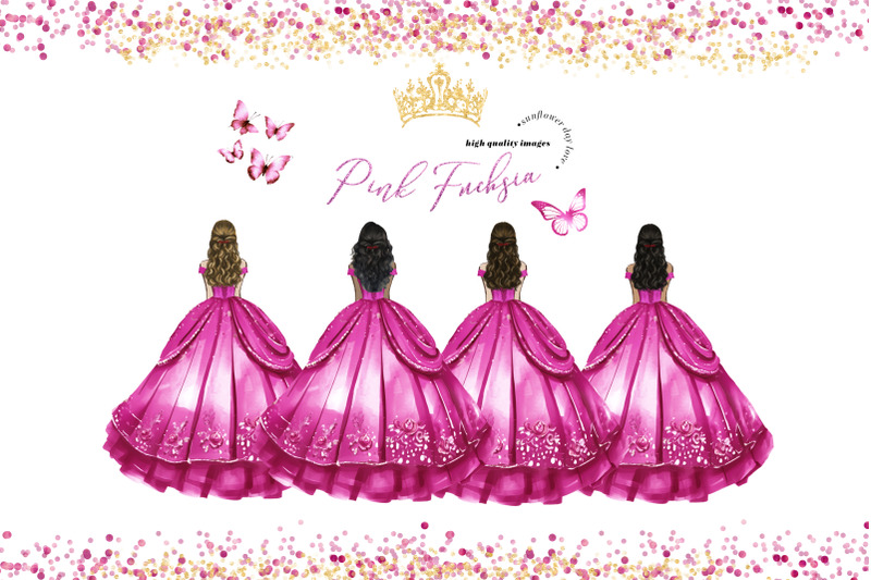 princess-pink-fuchsia-dress-butterfly-rose-floral-clipart