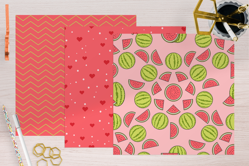 pink-watermelon-color-flat-digital-papers-fruit-pattern-bundle