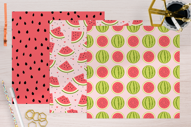 pink-watermelon-color-flat-digital-papers-fruit-pattern-bundle