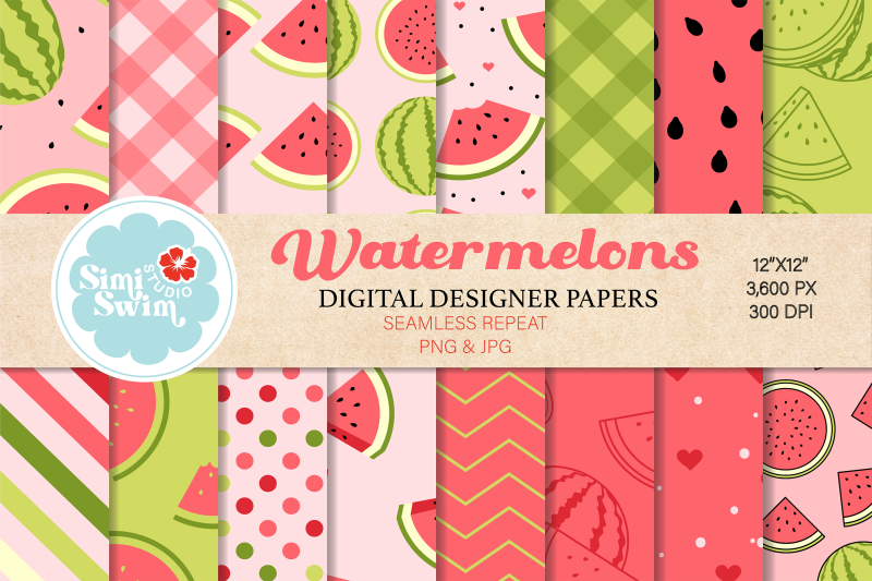 pink-watermelon-color-flat-digital-papers-fruit-pattern-bundle