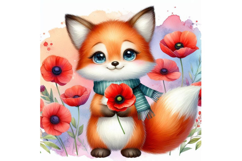 bundle-of-cute-fox-holding-a-red-poppy