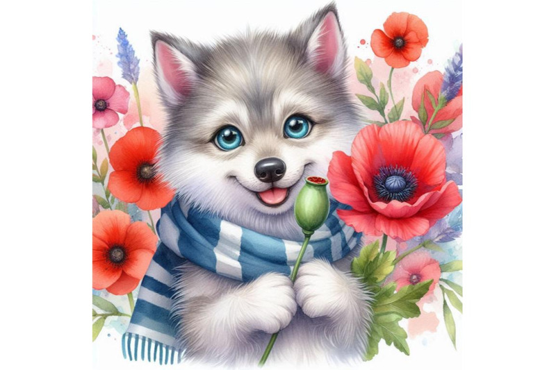 bundle-of-cute-wolf-holding-a-red-poppy