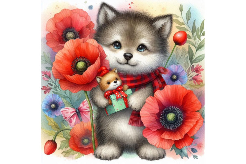 bundle-of-cute-wolf-holding-a-red-poppy