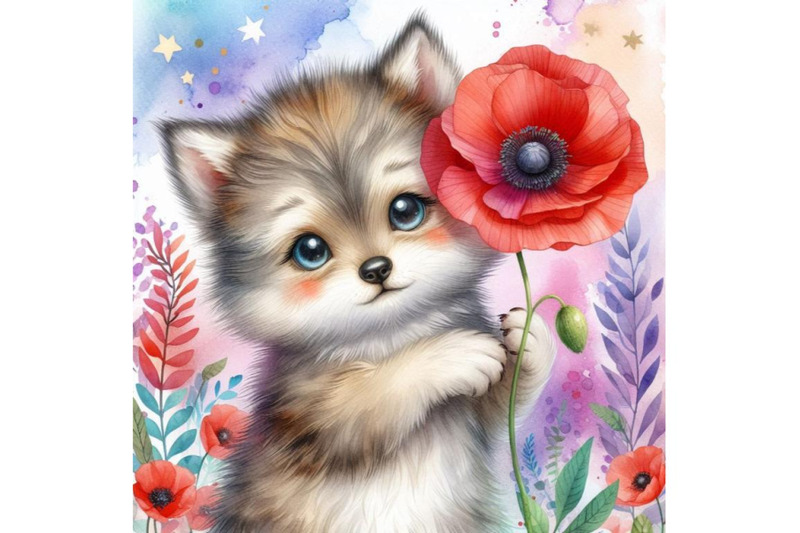 bundle-of-cute-wolf-holding-a-red-poppy