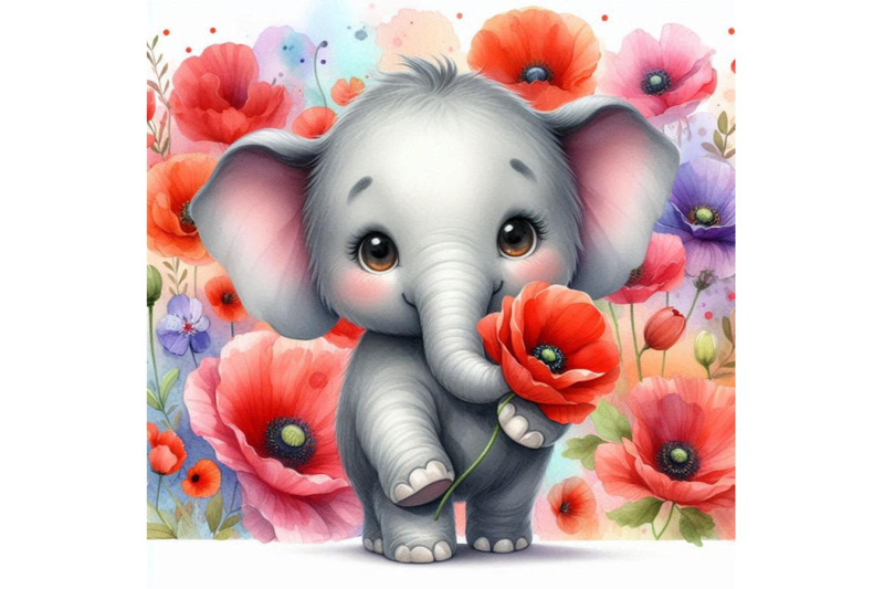 bundle-of-cute-elephant-holding-a-red-poppy