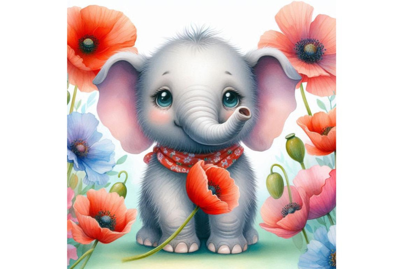 bundle-of-cute-elephant-holding-a-red-poppy