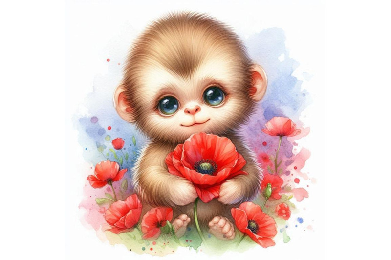 bundle-of-cute-monkey-holding-a-red-poppy