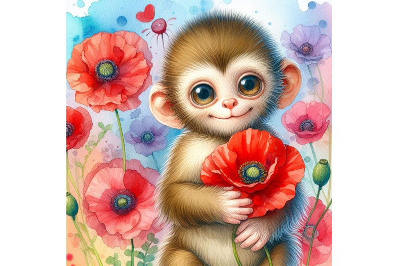 bundle-of-cute-monkey-holding-a-red-poppy