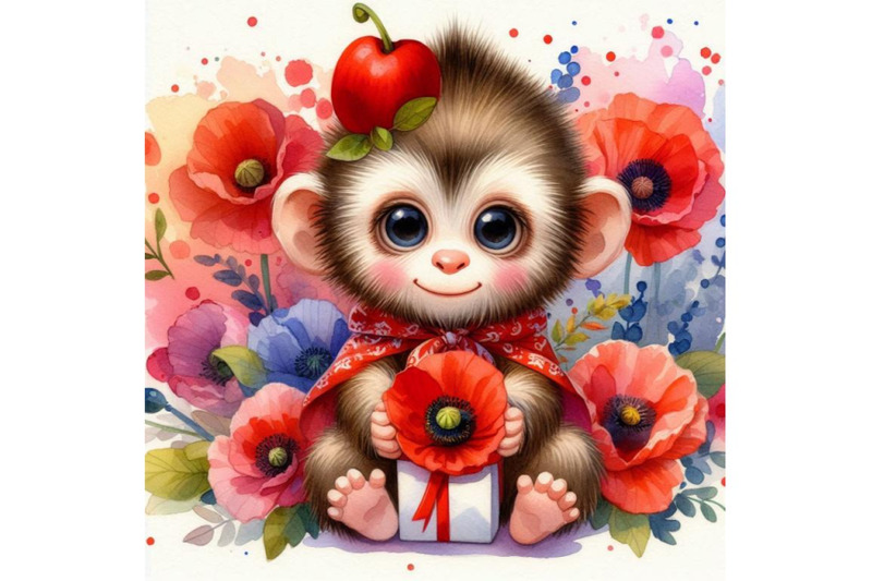 bundle-of-cute-monkey-holding-a-red-poppy