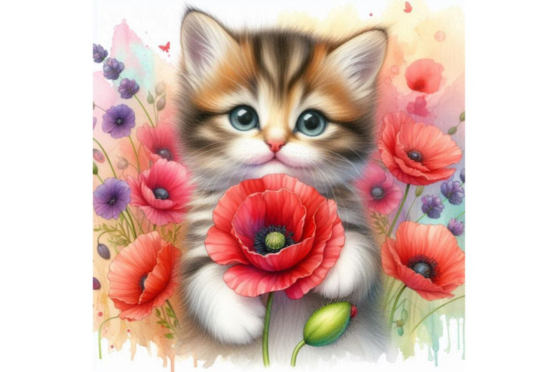 bundle-of-cute-kitten-holding-a-red-poppy