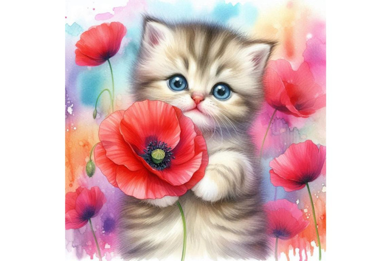 bundle-of-cute-kitten-holding-a-red-poppy