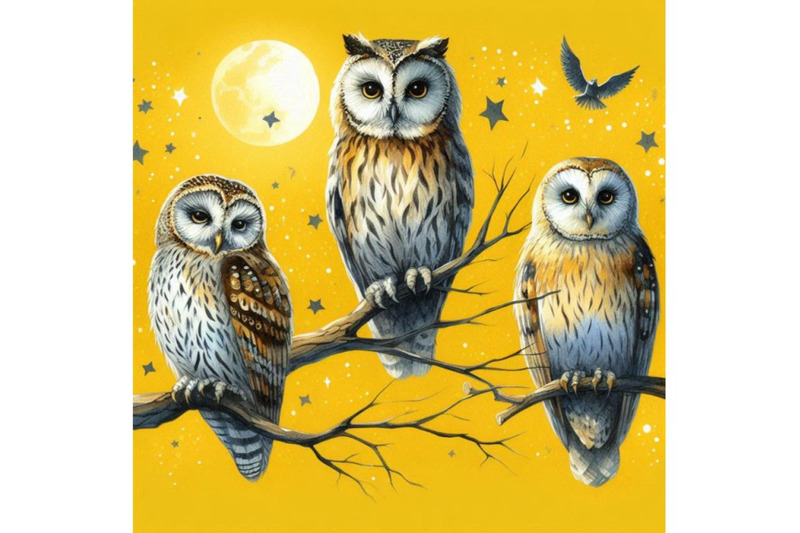 bundle-of-owl-bird-sitting-on-branch-at-night