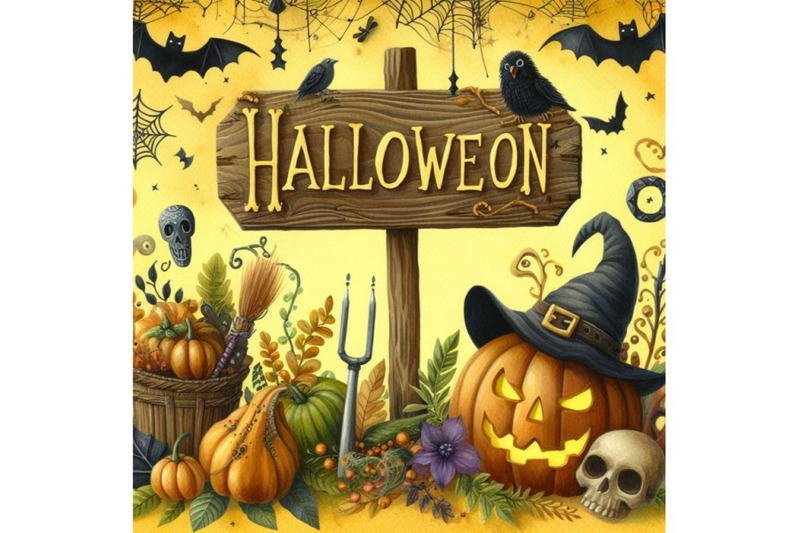 bundle-of-halloween-background-with-wooden-sign