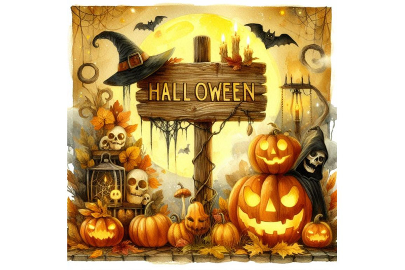 bundle-of-halloween-background-with-wooden-sign