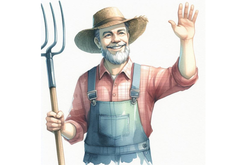 bundle-of-a-farmer-with-a-pitch-fork-waving-and-smiling