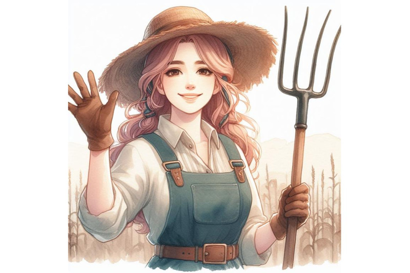 bundle-of-a-farmer-with-a-pitch-fork-waving-and-smiling