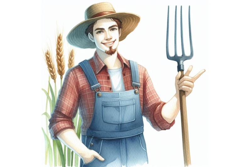 bundle-of-a-farmer-with-a-pitch-fork-waving-and-smiling