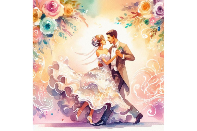 a-set-of-cartoon-bride-and-groom-first-dance-wedding