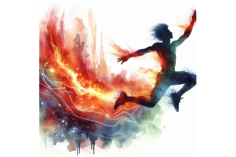 a-set-of-male-athlete-jumping-with-abstract-flaming-trail-silhouette