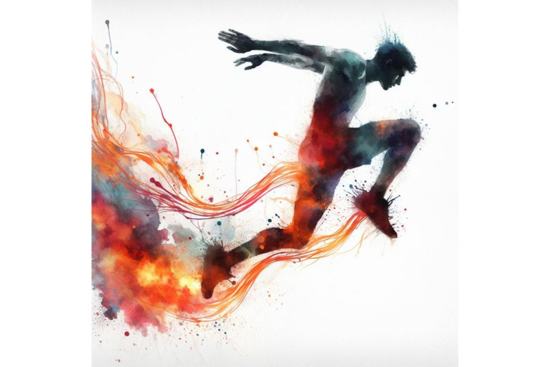 a-set-of-male-athlete-jumping-with-abstract-flaming-trail-silhouette