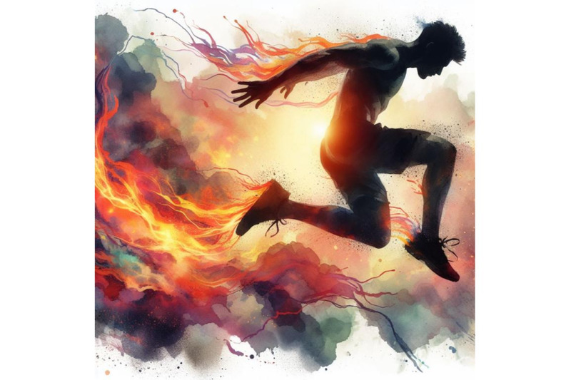 a-set-of-male-athlete-jumping-with-abstract-flaming-trail-silhouette