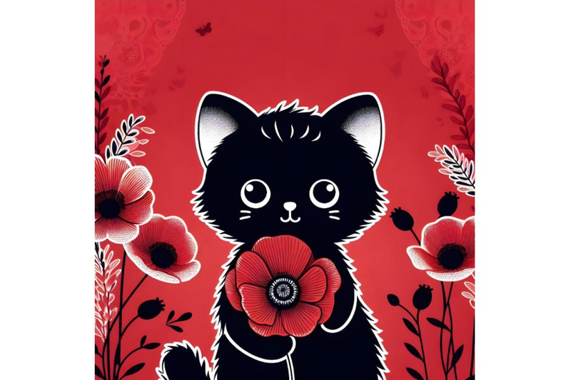 a-set-of-cute-cat-holding-a-red-poppy