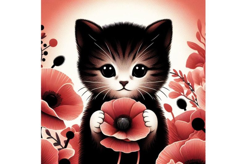 bundle-of-cute-kitten-holding-a-red-poppy