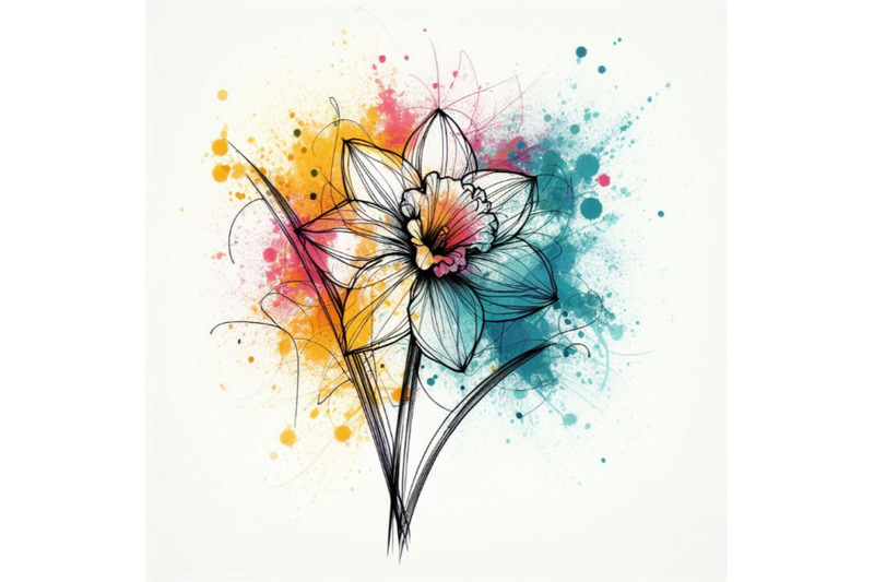 bundle-of-abstract-line-art-of-daffodil-flower-with-color-splats