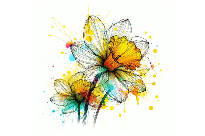 bundle-of-abstract-line-art-of-daffodil-flower-with-color-splats