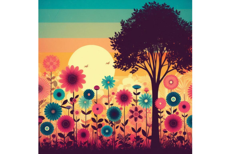 bundle-of-colorful-retro-flowers-and-tree