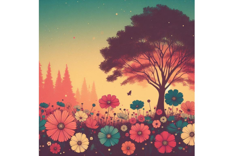 bundle-of-colorful-retro-flowers-and-tree