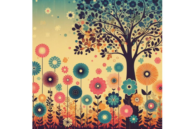 bundle-of-colorful-retro-flowers-and-tree