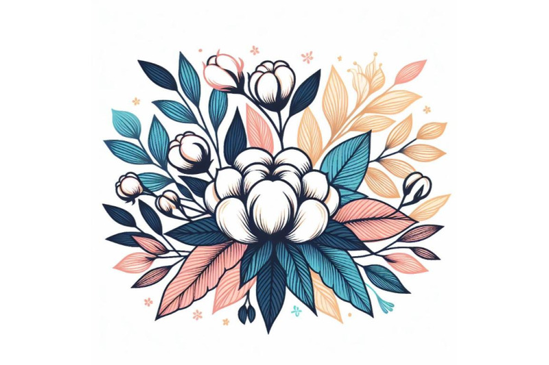 bundle-of-colorful-line-art-decoration-of-cotton-flower-with-leaves