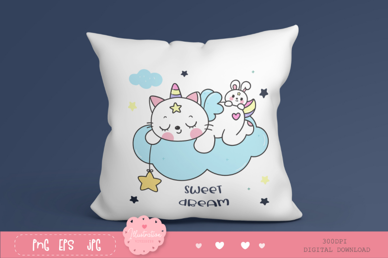 cat-sleep-on-cloud-and-rabbit-clipart-kawaii-kitten-cartoon