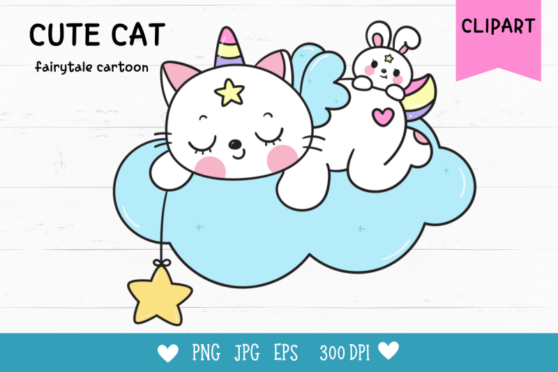 cat-sleep-on-cloud-and-rabbit-clipart-kawaii-kitten-cartoon