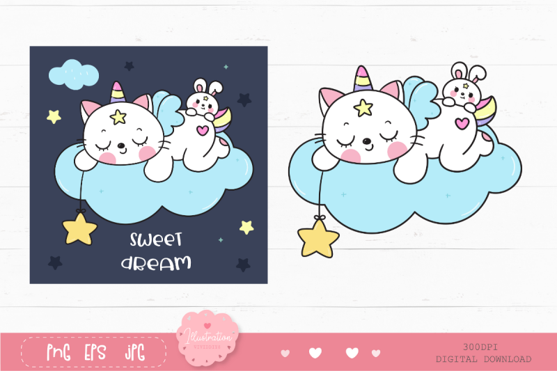 cat-sleep-on-cloud-and-rabbit-clipart-kawaii-kitten-cartoon