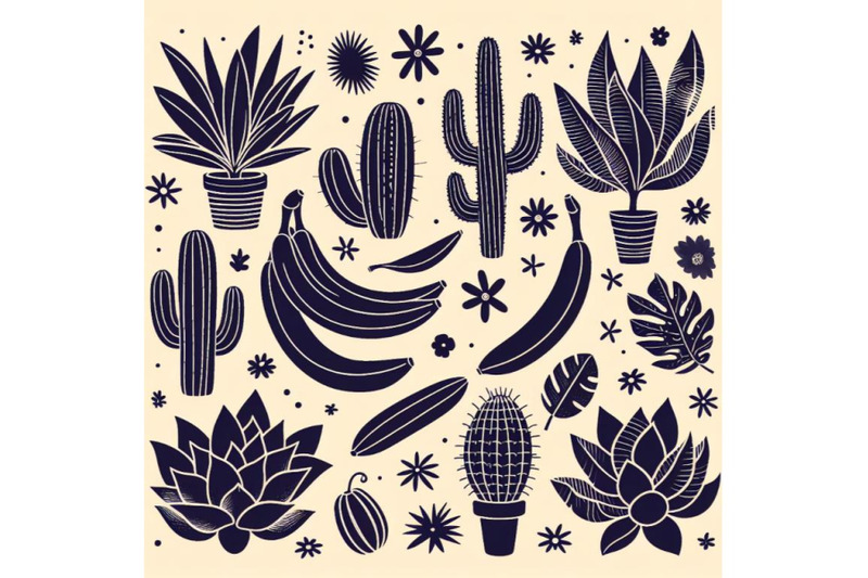 a-bundle-of-cute-tropcal-set-with-bananas-cacti-and-leaves