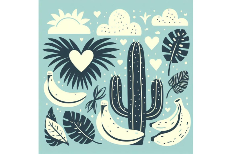 a-bundle-of-cute-tropcal-set-with-bananas-cacti-and-leaves